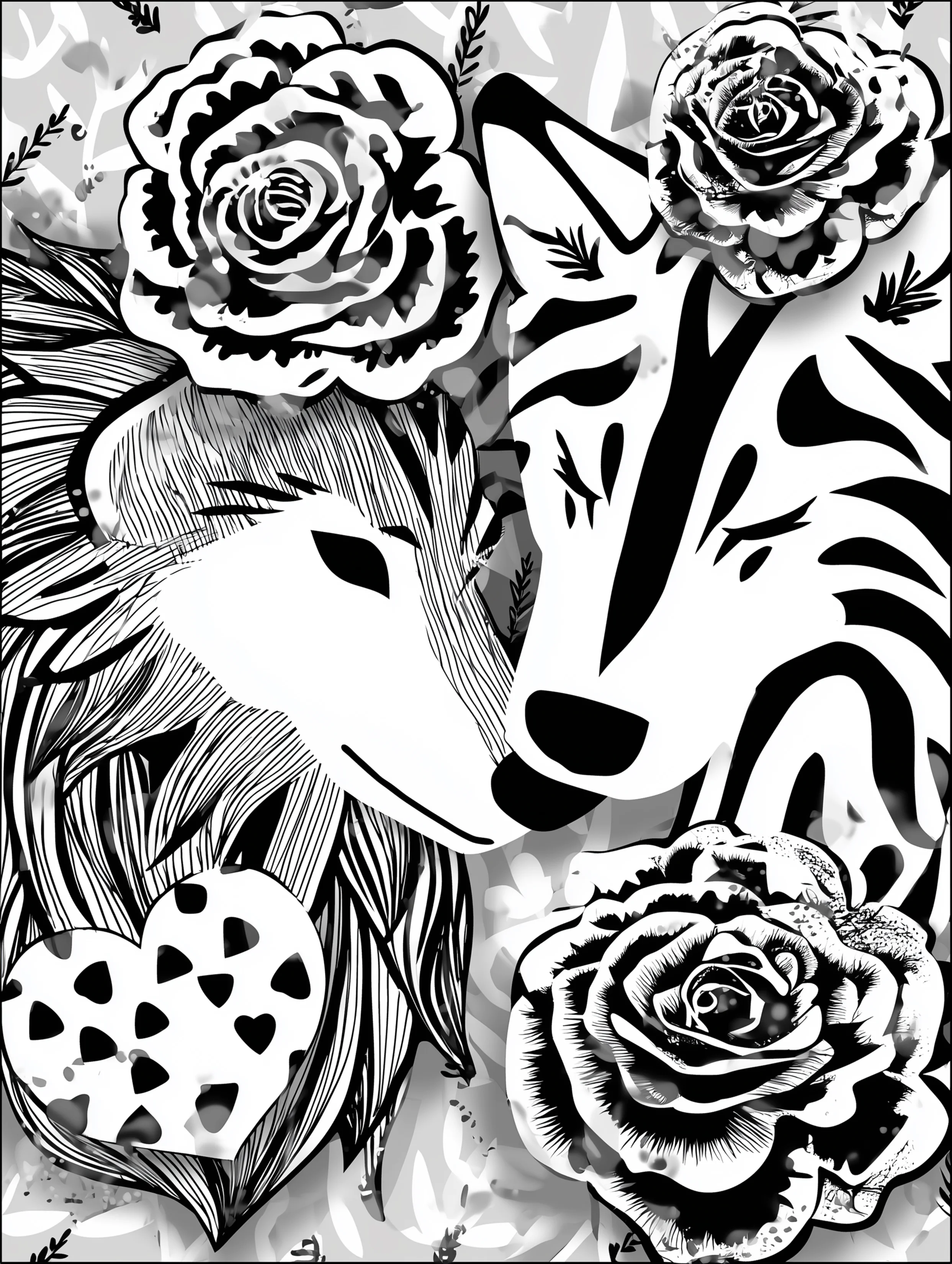 Free printable wolf coloring page for adults featuring two wolves close together